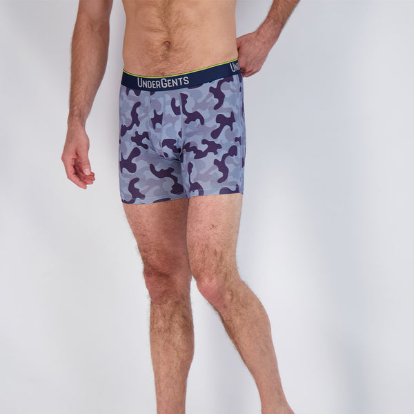 Undergents Blue Camo boxer brief 5 inch flyless comfort. front view of the blue camouflage boxer brief