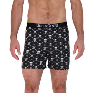 Undergents boxer short in skulls and crossbones pattern front view. skims the legs for a modern boxer short look and feel. button fly