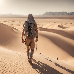 man experiencing adventure while hiking in the desert.
