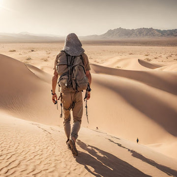 man experiencing adventure while hiking in the desert.