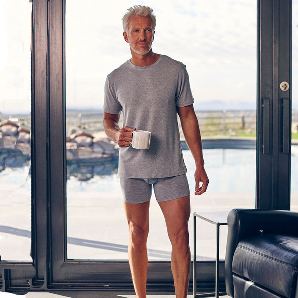 morning coffee tatses perfect in this ensemble of a swagger lounge shirt in heather and a heather boxer brief. 