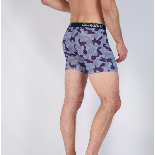 back view of model in blue camo undergents boxer brief