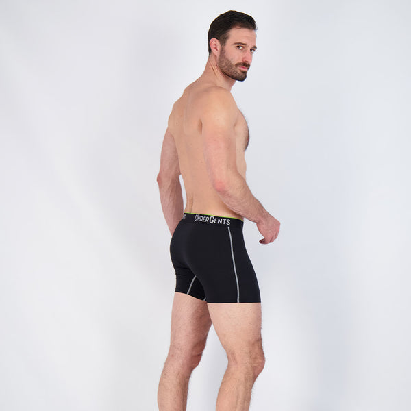 side view on model of black boxer brief comfort