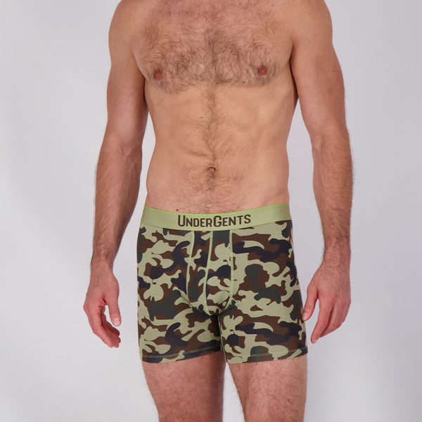 front view on model of boxer brief in brown camo