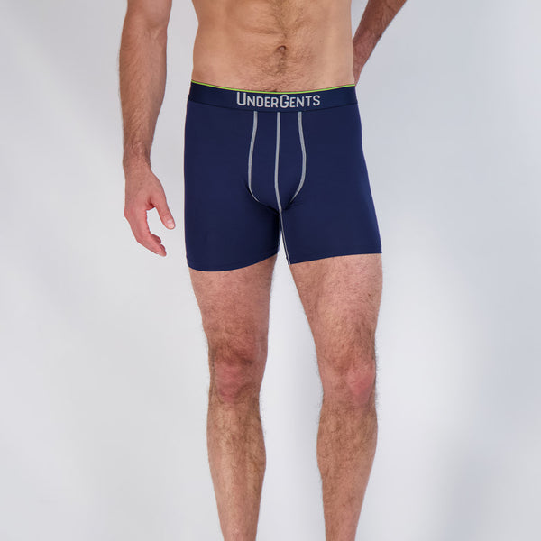 model front view in navy boxer brief without a fly. if you want to feel great, just feel Undergents