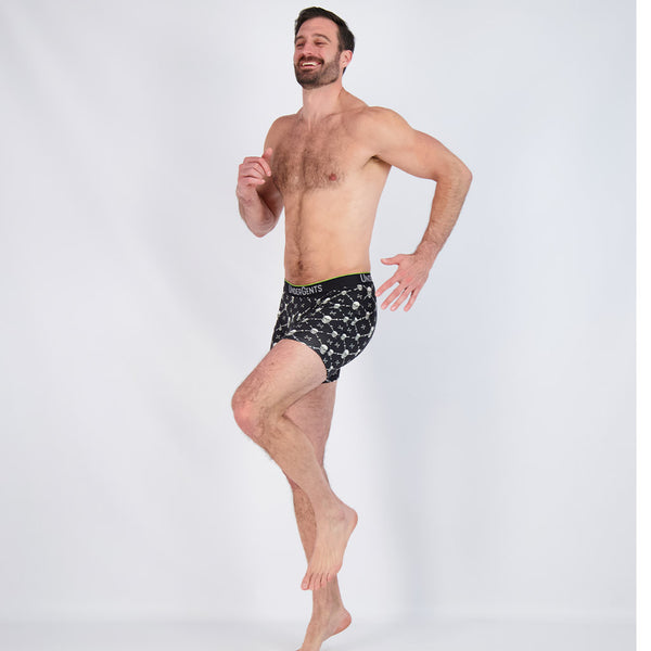 smiling and feeling fine in this 4.5 inch boxer brief with skulls and cross bones