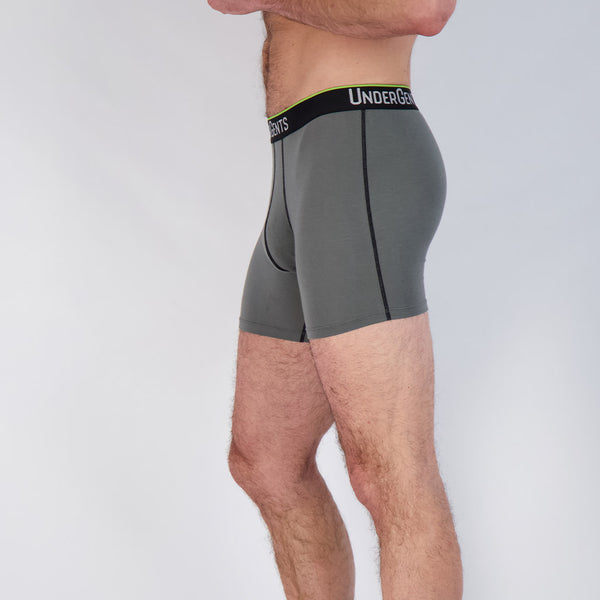 battleship grey pewter boxer brief by undergents skims the leg and never squeezes the leg. 