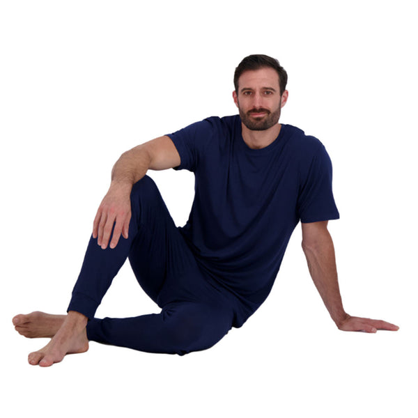 navy lounge pant and lounge shirt combo. comfort for every situation.