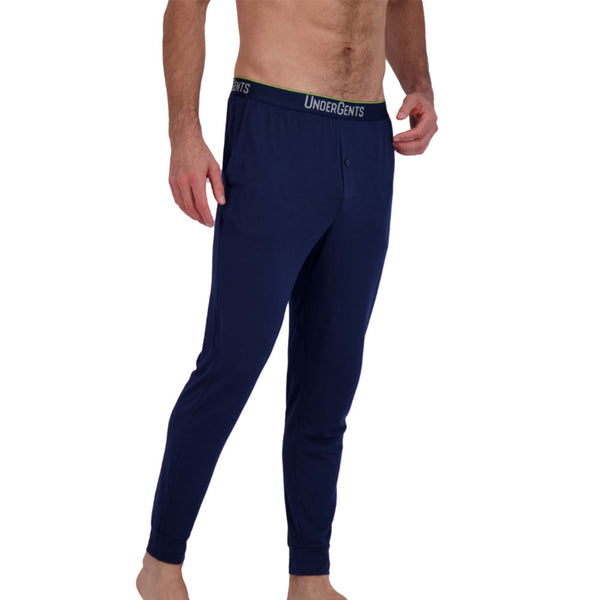 Navy blue lounge pant for comfort for men. pockets and cuffed leg. tagless waistband.