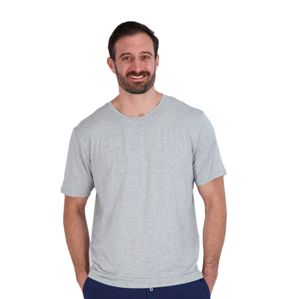 heather swagger lounge shirt on white background. the best lounge shirt made for men