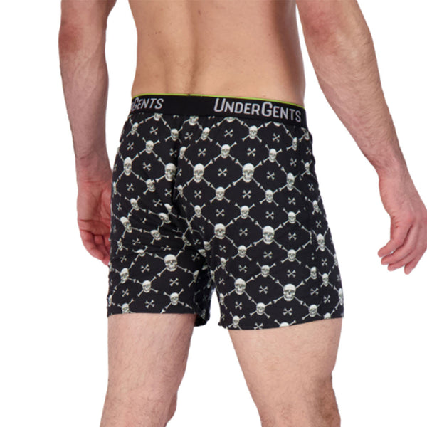 the rear booty view of the boxer short by undergents in skulls and crossbones print.
