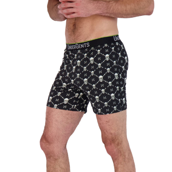 undergents boxer short side view of skulls and bones with leg movement. comfort and never compression of binding. all way movement, no squeeze, freedom
