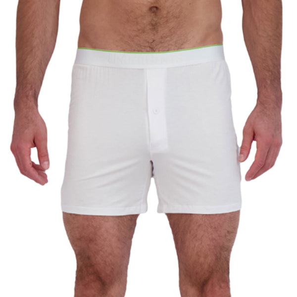 nothing looks better than traditional white boxer short on a model made by undergents. cool and comfortable with no squeeze guarantee