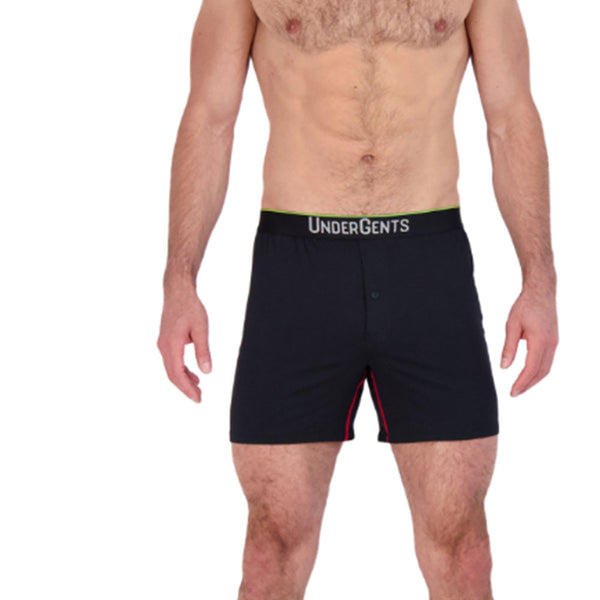 Undergents black boxer short with red seams for modern comfort in a freedom enhancing boxer short. feel awesome always.